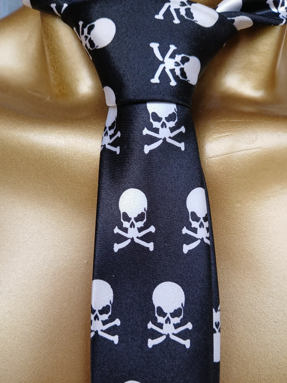 Black Skull Print Skinny Tie Crossbones Pirate Gothic Satin Unisex Punk